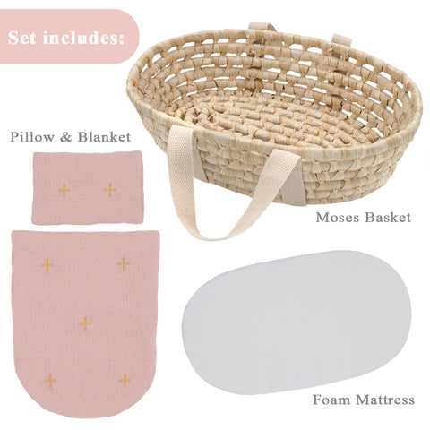 My First Doll Moses Basket and Bedding Set Rose - Living Textiles