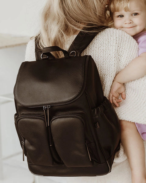 Signature Nappy Backpack - Jet Black Genuine Leather - OIOI