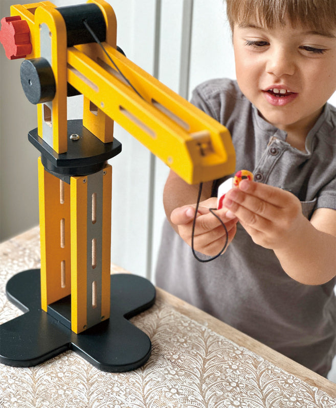 Big Yellow Crane + Vehicles - Wooden Toy - Mentari