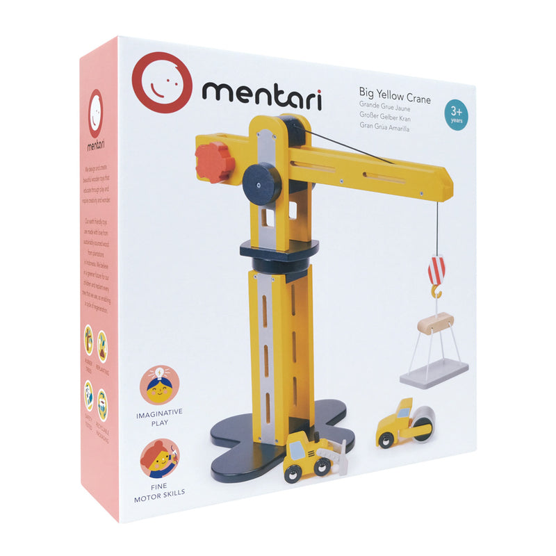Big Yellow Crane + Vehicles - Wooden Toy - Mentari