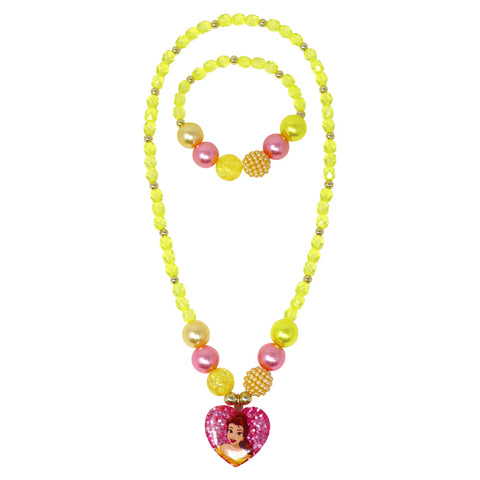 Disney Princess Belle Pendant Stretch Beaded Necklace & Bracelet Set - Pink Poppy