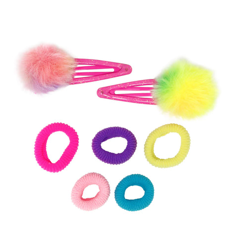 Pom Pom Hair Clips & Elastics - Pink Poppy