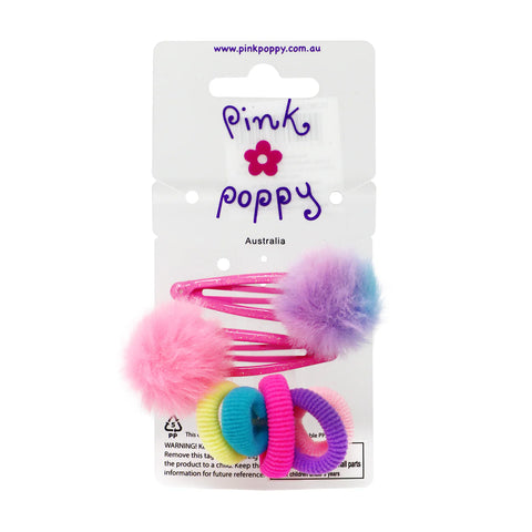 Pom Pom Hair Clips & Elastics - Pink Poppy