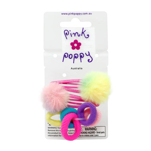 Pom Pom Hair Clips & Elastics - Pink Poppy