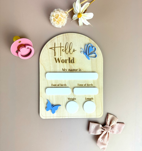 Birth Plaque - Hello World - Butterflies - Luma Light