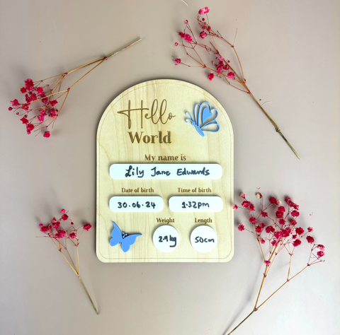 Birth Plaque - Hello World - Butterflies - Luma Light