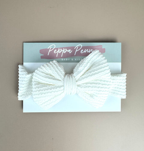 Stretchy Headband Bow - Ribbed White - Peppa Penny