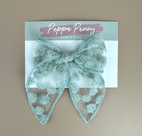 Oversized Floral Embroidered Bow Clip - Teal - Peppa Penny