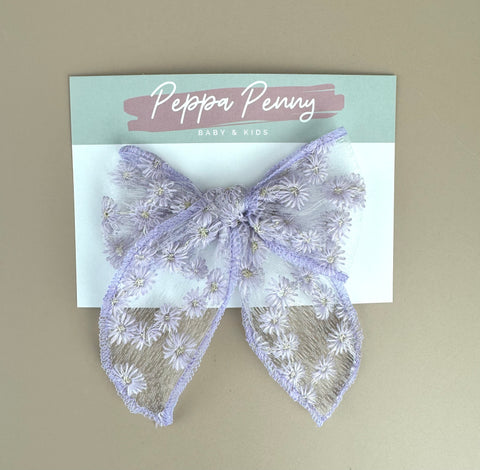 Oversized Floral Embroidered Bow Clip - Lavender - Peppa Penny