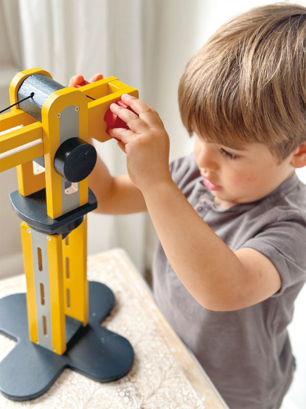 Big Yellow Crane + Vehicles - Wooden Toy - Mentari