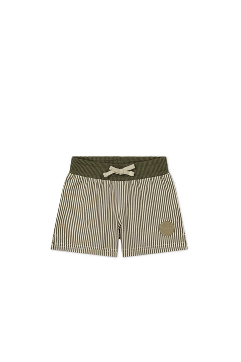 Noah Swim Shorts - Fine Vertical Stripe Dark Olive  - Jamie Kay