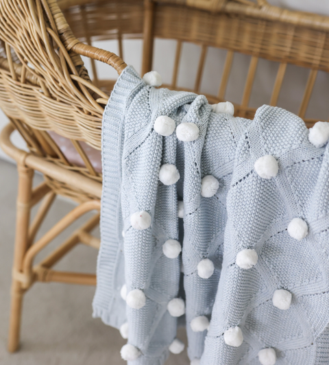 Pom Pom Baby Blanket Powder Blue - Alimrose