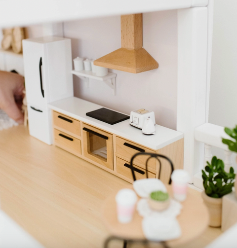 Dollhouse Straight Kitchen Base Cabinets Cooktop Oven | Wood - Macy Mae Dollhouse Designs