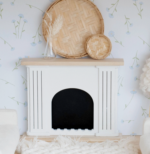 Dollhouse Valencia Arched Fireplace | Natural Wood + White - Macy Mae Dollhouse Designs