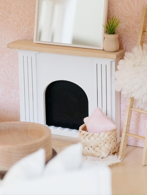 Dollhouse Valencia Arched Fireplace | Natural Wood + White - Macy Mae Dollhouse Designs