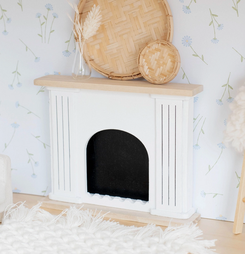 Dollhouse Valencia Arched Fireplace | Natural Wood + White - Macy Mae Dollhouse Designs