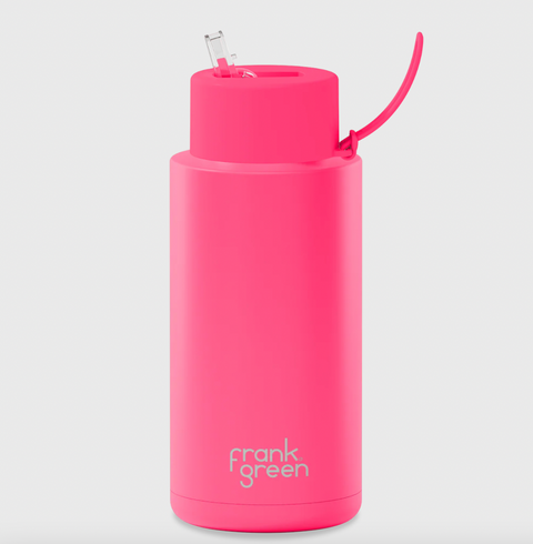 Ceramic Reusable Bottle with Straw Lid - Neon Pink - 1L - Frank Green