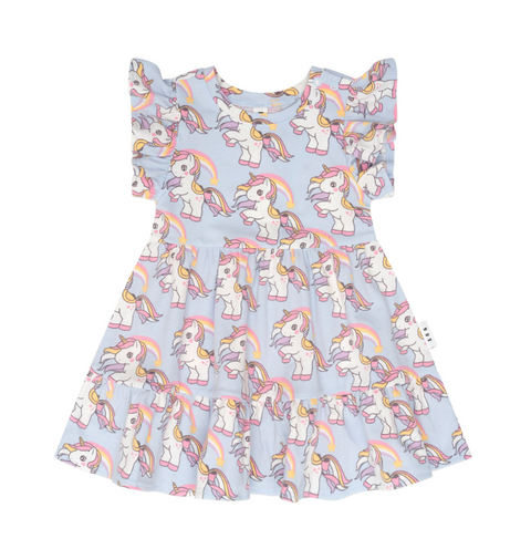 Rainbow Unicorn Tier Dress - Ice Water - Huxbaby