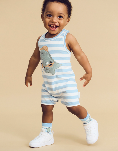 Construction Dino Site Sleeveless Romper - Marine Blue - Huxbaby