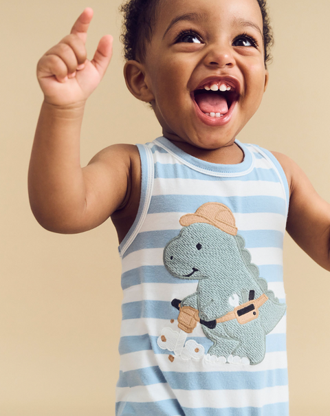 Construction Dino Site Sleeveless Romper - Marine Blue - Huxbaby