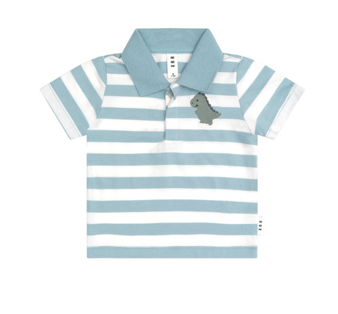 T-Rex Stripe Polo T-Shirt - Marine Blue - Huxbaby DISCOUNTED