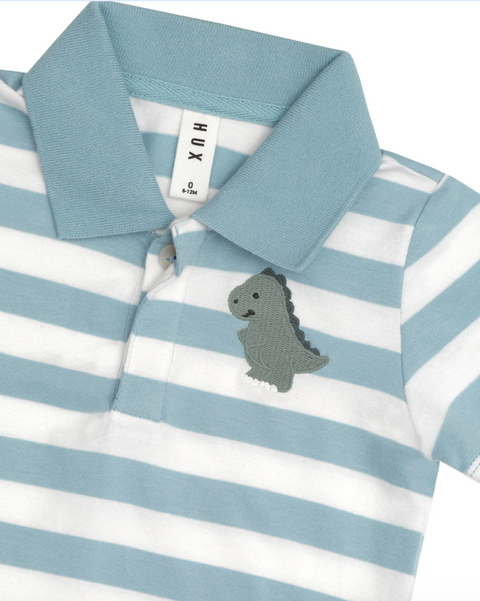 T-Rex Stripe Polo T-Shirt - Marine Blue - Huxbaby DISCOUNTED