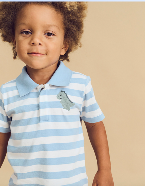 T-Rex Stripe Polo T-Shirt - Marine Blue - Huxbaby DISCOUNTED