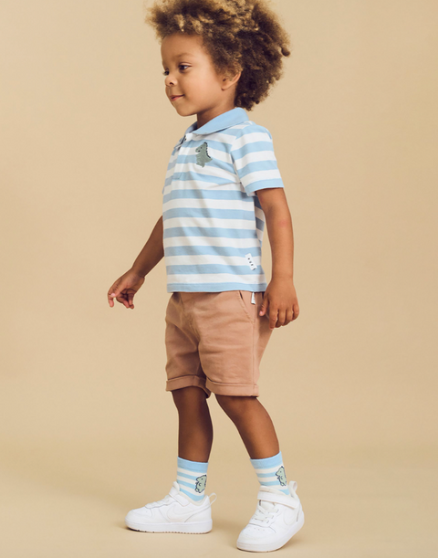 T-Rex Stripe Polo T-Shirt - Marine Blue - Huxbaby DISCOUNTED