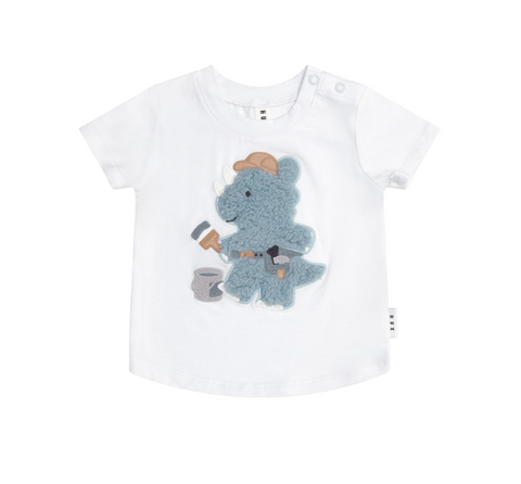 Tradie Furry Dino T-Shirt - White - Huxbaby