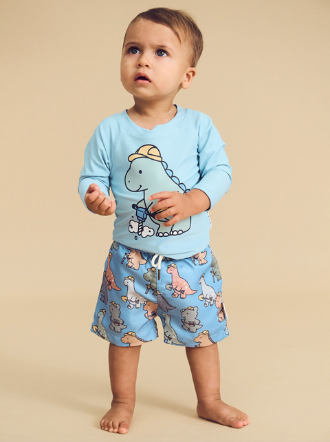 Construction Dino Swim Shorts - Bright Blue - Huxbaby DISCOUNTED