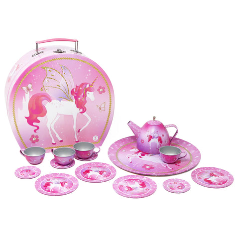 Unicorn Princess 15 Piece Tin Tea Set In Carry Case - Pink Poppy